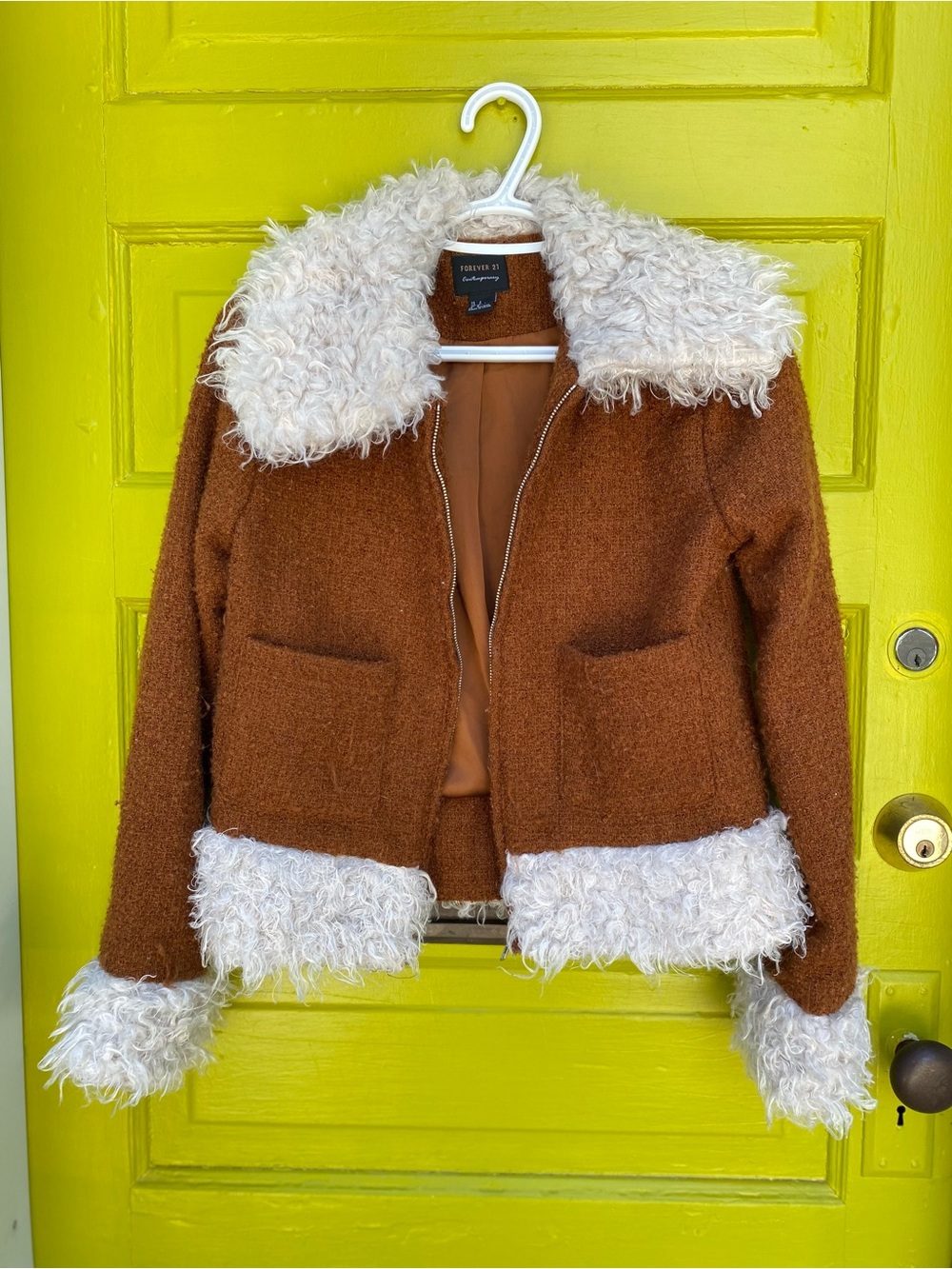 Brown Jacket with Cream Faux Shearling Trim